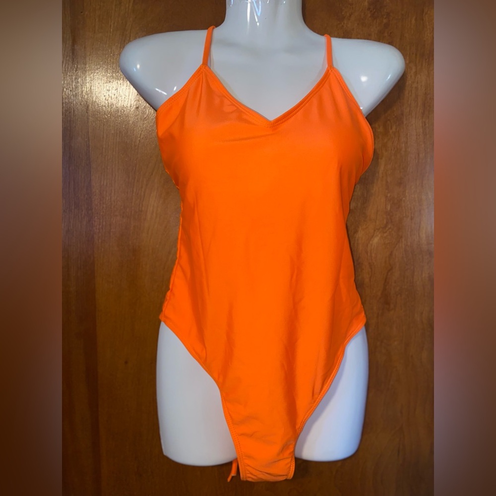 2/$30  Women's Orange Cross-back V-Neck One Piece‎ Swimsuit, Adjustable, Medium